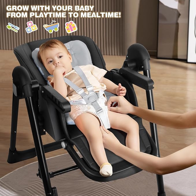 High Chairs for Babies and Toddlers Foldable High Chair Adjustable with Reclining Seat & Leg Rest, 3-in-1 Convertible Baby Swings with Tool-Free Assembly (Black)