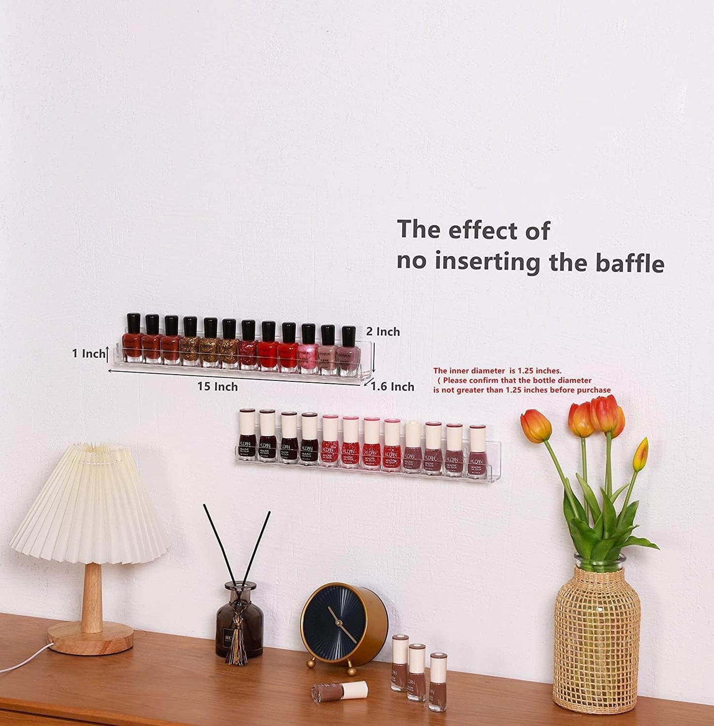 IEEK Nail Polish Rack Wall Mounted Shelf 2 Pack,Clear Kids Wall Bookshelf Acrylic Nail Polish Holder with Removable Anti-Slip End Inserts,2 Tiers Floating Polish Organizer Display 30 Bottles