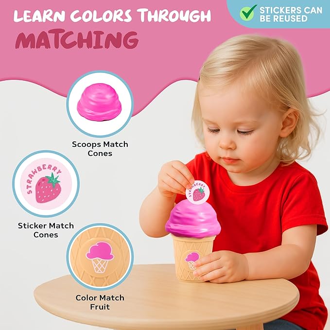 JOYCAT Ice Cream Play Set for Toddlers 1-3, Color Sorting Stacking Toys with 7 Matching Cones & Scoops, Pretend Play Food for Girls Kids Christmas Gifts, Fine Motor Skills Learning Toys for Preschool