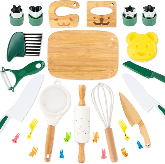 18 PCS Kids Cooking Sets Real, Montessori Kitchen Tools for Toddlers, Cooking & Baking Set for Kids Little Chefs, Toddler Knife Set, Crinkle Cutter, Cutting Board