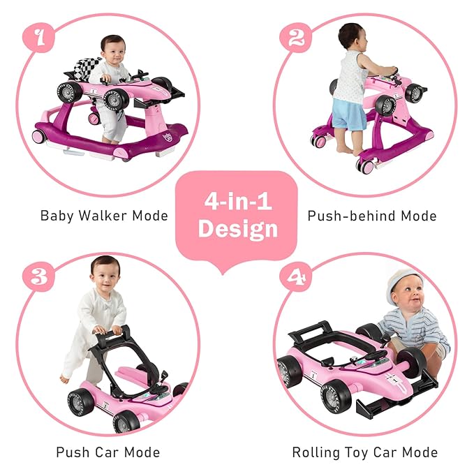 BABY JOY 4-in-1 Baby Walker, Foldable Activity Walker with Adjustable Height & Speed, Music, Lights, Anti-Rollover, Toddler Push Walker, Baby Walker with Wheels for Boys Girls 6-18 Months (Purple)