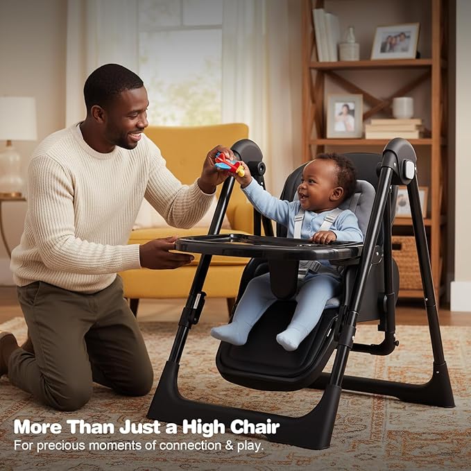 High Chairs for Babies and Toddlers Foldable High Chair Adjustable with Reclining Seat & Leg Rest, 3-in-1 Convertible Baby Swings with Tool-Free Assembly (Black)