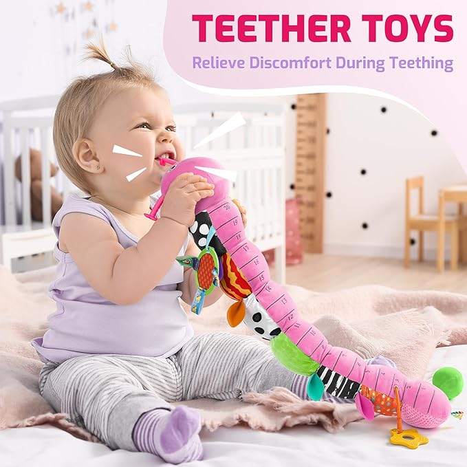 Sumobaby Baby Toys 0-6 6-12 Months,Music Caterpillar Plush Toy with Baby Mirror, Pull String&Crinkle Rattle,Infant Sensory Toys,Tummy Time for 0-3-6-12 Month Boys Girls Newborn Gifts (Pink-Leaf)