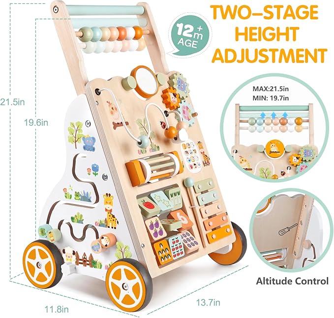 Wooden Baby Walker with Wheels, Push Walker with Baby Activity Center, Montessori Walking Toy for Girls Boys, Ajustable Speed & Height Activity Toy for Toddler Learning to Walk