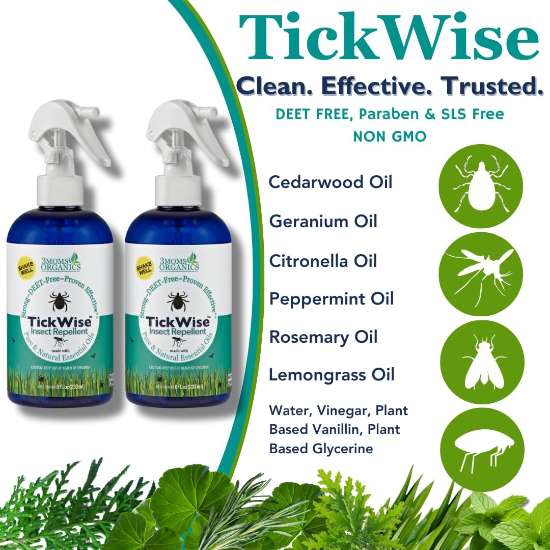 3 Moms Organics, TickWise 8oz Extra Strength Double Whammy 2-Pack - DEET- Free, Tick and Insect Repellent, Plant Based Essential Oils, All Natural Ingredients, Safe for Kids, Adults, Dogs & Horses