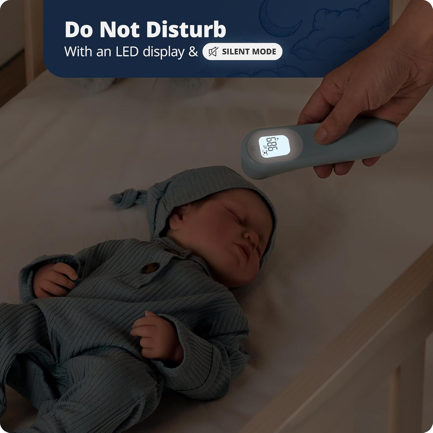 Greater Goods No-Touch Infrared Digital Thermometer for Adults, Kids, and Babies, Forehead Thermometer with Ergonomic Grip, Fever Alarm, Powder Blue