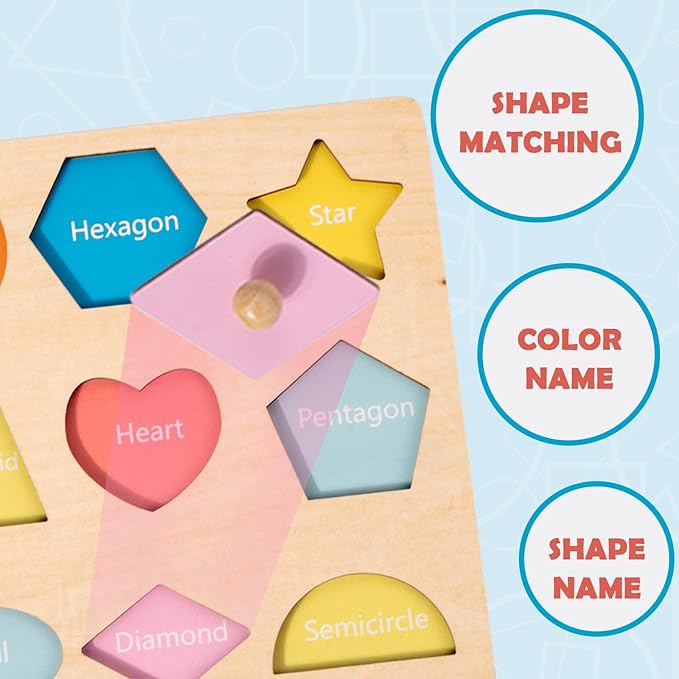Montessori Toy for Babies 12-18 Months Wooden Shape Puzzles for Toddlers 1-3,Shape Peg Puzzles,Baby Puzzle 12-18-24 Months with Knob,Color & Shape Sorter for Toddlers(12 Geometric Shapes)