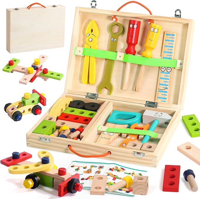 TONZE Kids Tool Set Wooden Toddler Tools Montessori Toys for 3 4 Year Olds, 34 PCS Educational STEM Construction Toys Pretend Play Toddler Tool Set Birthday Gift for Age 3-4 Boys & Girls