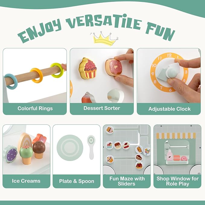 BABY JOY 2-in-1 Wooden Baby Walker, Montessori Activity Center w/Storage, Wheels, Kids Dessert Shop Walking Toy w/Ice Cream, Slider, Maze, Plate, Push Walker for Boys and Girls 1+ Years Old (Green)