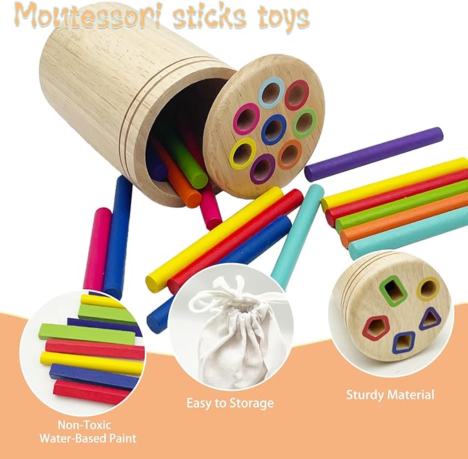Wooden Montessori Sticks Toys for Kids, 8 Colors Natural Wood Toddler Learning Sorting Toys for 3 Year Old, Sensory Matching Game Birthday Gifts for Boys Girls (Multi-Shaped Stick)