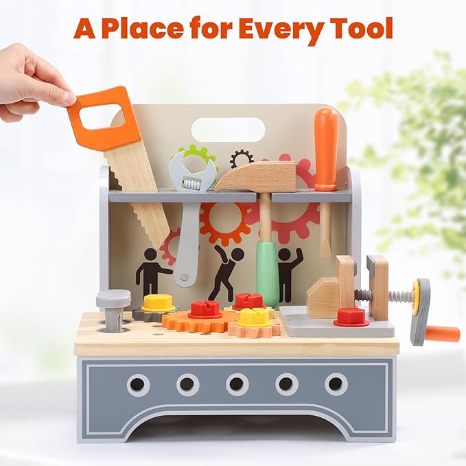 CUTE STONE Kids Wooden Tool Bench, 2-in-1 Toddler Tool Box & Take-Along Tool Kit, Montessori STEM Learning Toy Workbench, Educational Construction Pretend Play Gift for Boys & Girls Ages 3+