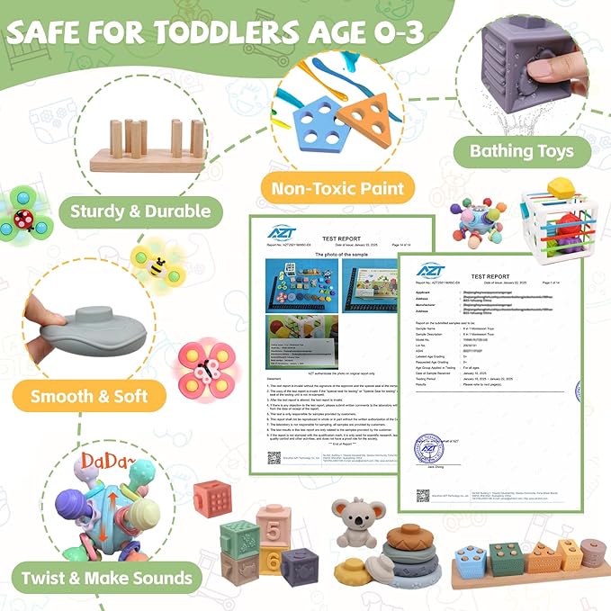 6-in-1 Montessori Baby Toys 0-6 6-12 Months, Infant Teething Toys Soft Stacking Blocks Rings Shape Sorter Sensory Fidget Spinners for Toddler 1-3, Christmas Stocking Stuffers for Girls Boys