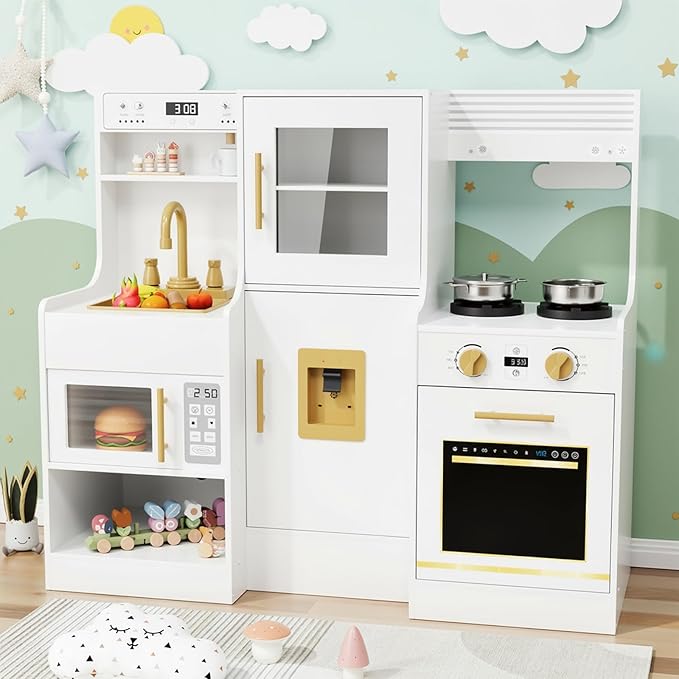 MAMIZO Wooden Play Kitchen for Kids, Toddler Toy Kitchen Playset, Large Interactive Pretend with 6 Kitchenware, Realistic Water Dispenser & Hood w/Lights & Sounds, Sink, Stove, Oven, Microwave (White)