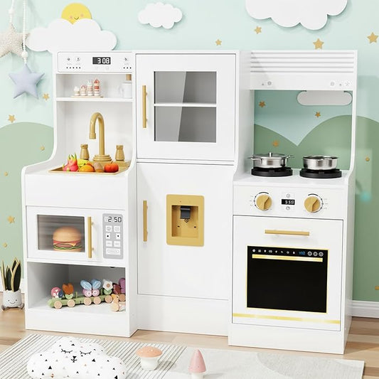 MAMIZO Wooden Play Kitchen for Kids, Toddler Toy Kitchen Playset, Large Interactive Pretend with 6 Kitchenware, Realistic Water Dispenser & Hood w/Lights & Sounds, Sink, Stove, Oven, Microwave (White)