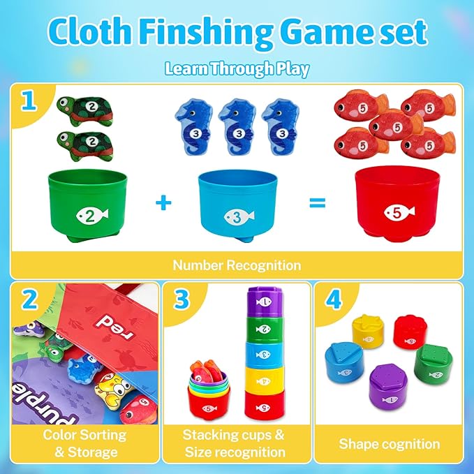 Montessori Toys for 1 Year Old Boys Girls – 22 in 1 Cloth Fishing Game with Stacking Cups, Color Sorting & Number Counting Learning Toys, Birthday for Toddlers 1-3