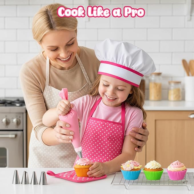 LovesTown Kids Cooking and Baking Sets, 32PCS Pretend Play Toys for Toddler Dress Up Clothes Birthday for Girls