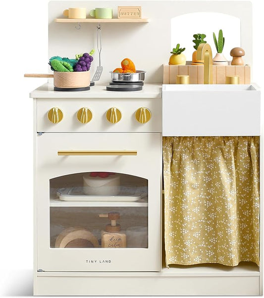 Tiny Land Play Kitchen, Kids Kitchen Playset, Toddler Kitchen with Cutting Food Set, Wooden Kitchen Sets for Kids, Gift for Girls and Boys