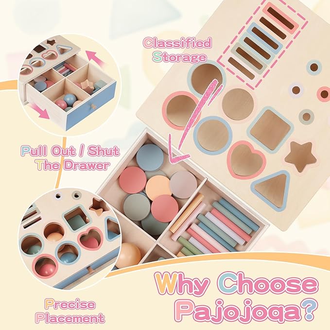 Montessori Toys for 2 3 4 5 Color Sorting - Wooden Object Permanence Box with Drawer Sensory Toys Shape Sorter Education for Baby Toddler Boy Girl Drop Busy Box 4 in 1