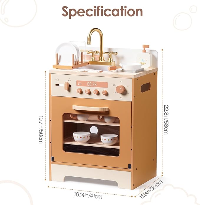 ROBOTIME Wooden Toy Dishwasher Sink – Caramel Pretend Kitchen Toy with Gold Faucet, Turning Knobs, Dish Rack, Plates, Bowls, Cups – Montessori Wooden Play Kitchen for Girls Ages 3+