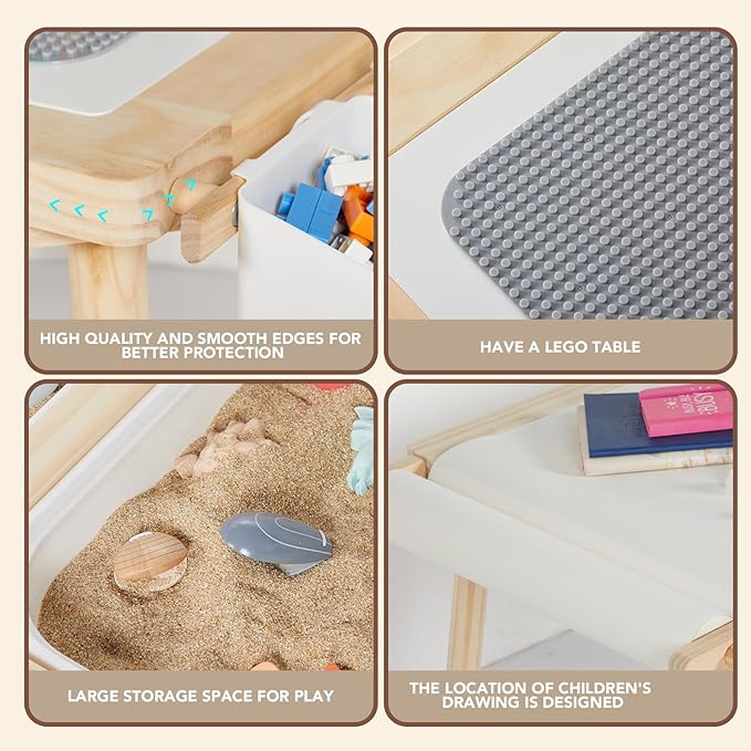 5-in-1 Kids Sensory Table and Chair Set – Wooden Sand and Water Play, Building Blocks, Study, Dining, Toy Storage, Children's Gifts for Boys and Girls