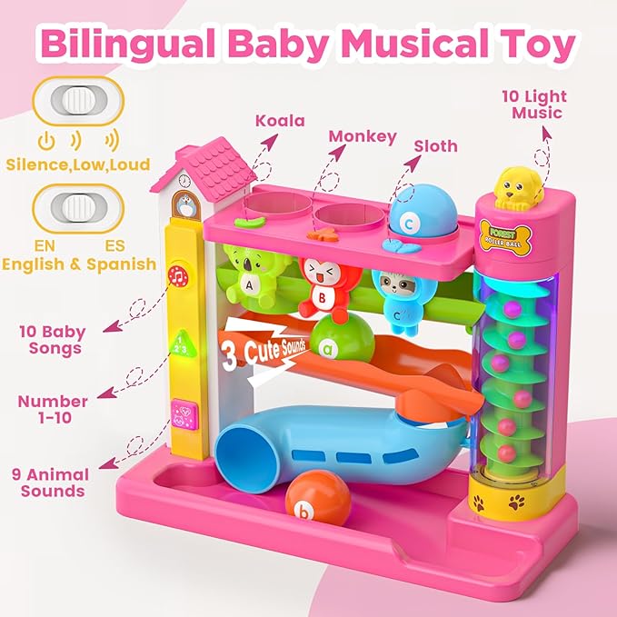 Musical Ball Drop Toys for 1 Year Old Girl Gifts, Eductional Baby Toy 12-18 Month Toddler Toy Age 1-2, First Birthday Gift for 1 Year Old Girl Boy, Infant Toys for 9-12-18 Month Olds (Pink)