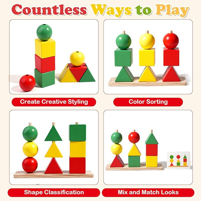 Wooden Sorting & Stacking Toys, Color Recognition Sensory Toys Shape Matching Game, Stacking Puzzle Building Blocks Learning Activities Fine Motor Skills Toy for 2 3 4 5 Years Old Kids