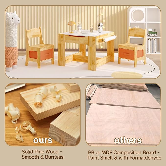 Pinewood Kids Table and Chair Set, 3 in 1 Toddlers Wooden Art Activity Table Desk with Chairs and Storage, Children Removable Tabletop, Blackboard, Natural