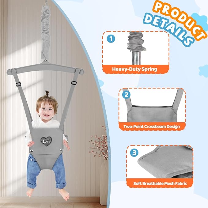 Baby Jumper with Stand, Infant Jumper for Indoor/Outdoor Play, Jumper for Baby 6-24 Months, Baby Jumpers and Bouncers with Adjustable Chain, Easy to Assemble & Store (Grey)