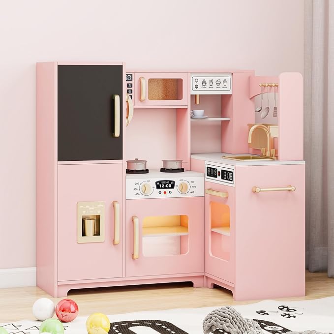 Kids Kitchen Playset with Lights & Sounds, Wooden Corner Play Kitchen with Sink,Oven, Ice Maker & Pretend Play Accessories, Educational Toy Kitchen Set for Toddlers, Pink
