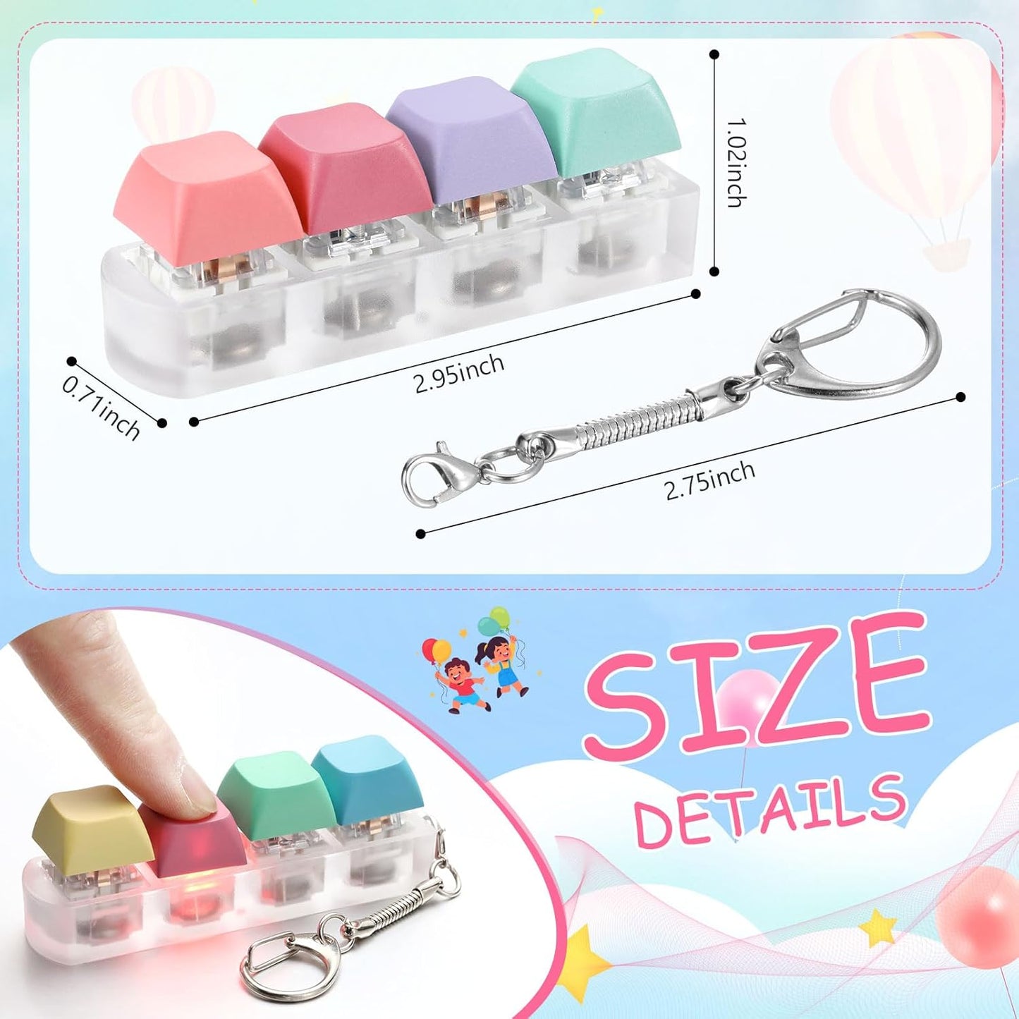 4 Pack Keyboard Fidget Toys Keyboard Clicker Keychain with LED Light 4 in 1 Fidget Button Stress Relief Toys for Adult