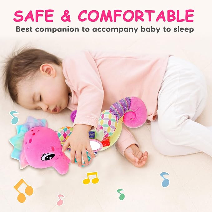 Baby Girl Toys 0-6 3-6 Months Musical Stuffed Animal Plush Pink Seahorse for Infant Tummy Time 6-12 Month with Baby Mirror Sensory Newborn Crinkle Developmental Toy Birthday Shower Gifts 0-3 4 5 Month