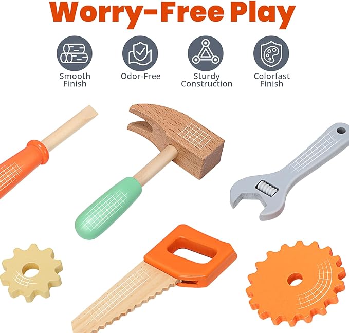 CUTE STONE Kids Wooden Tool Bench, 2-in-1 Toddler Tool Box & Take-Along Tool Kit, Montessori STEM Learning Toy Workbench, Educational Construction Pretend Play Gift for Boys & Girls Ages 3+