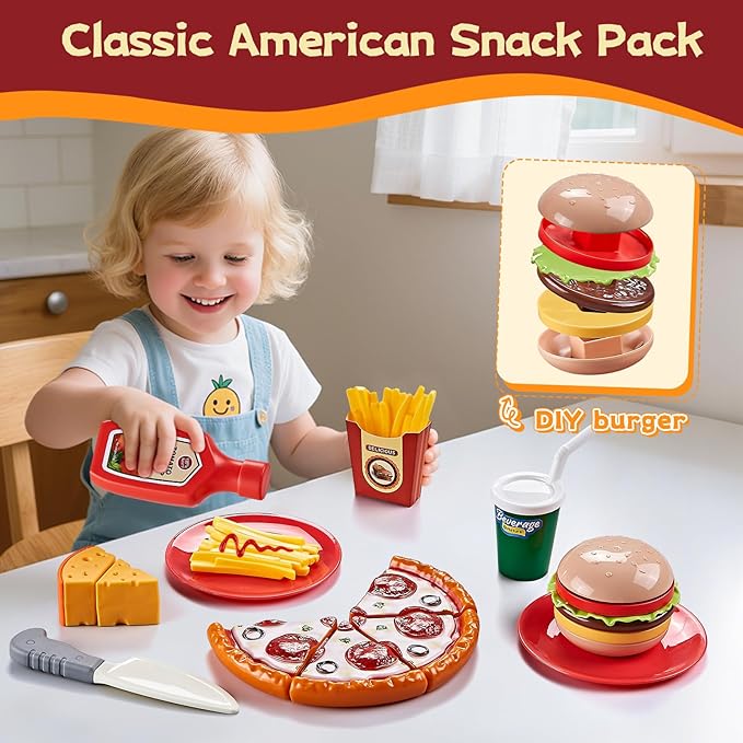 Play Food Sets for Kids Kitchen, Global Cuisine Toddler Cutting Fake Food Toys Including Pizza, Sushi & Bakery , Pretend Toy Food & Play Kitchen Accessories with 2 Baskets, Ideal Gift for Boys Girls