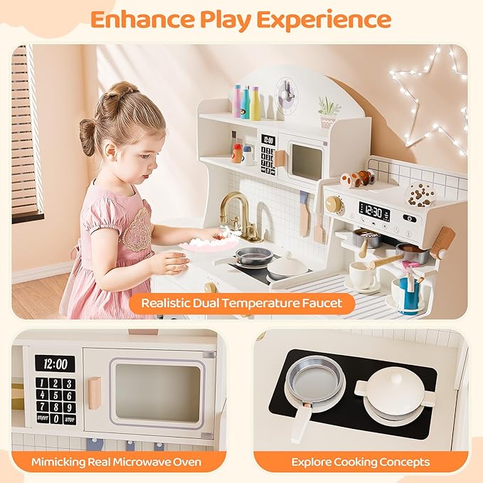 JOYMOR Wooden Play Kitchen w/Coffee Machine, Plenty of Play Pretend Kitchen Accessories, Kids Play Kitchen Design, Best Gift for Ages 3+ (Cream&Gold)