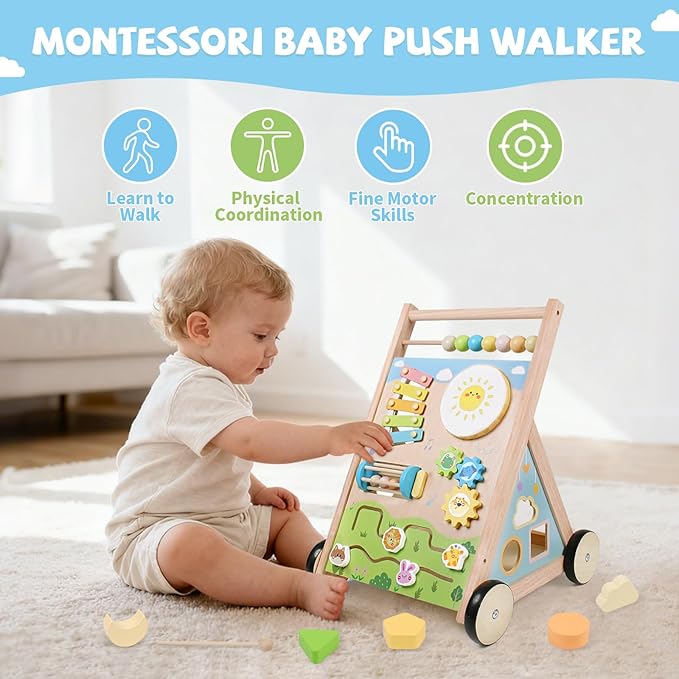 Wooden Baby Walker with Wheels, Montessori Baby Push Walker for Babies 6-12 Months, Baby Activity Center Walking Toy for 1 Year Old Learning to Walk Toddler Girls Boys