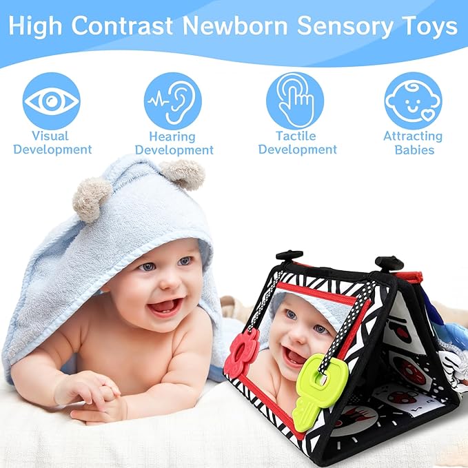 Tummy Time Mirror Newborn Toys: Black and White Infant Tummy Time Toys 0-3 0-6 6-12 Months Babies High Contrast Baby Toy with Book & Teethers Montessori Sensory Toy for Boy Girl Baby