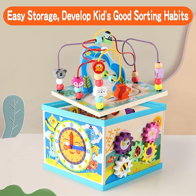 Qilay Wooden Activity Cube for Toddlers (Large), 5 in 1 Multipurpose ABC-123 Abacus Bead Maze Shape Sorter | Early Educational Toy for Toddlers - First Birthday Present for Boys Girls