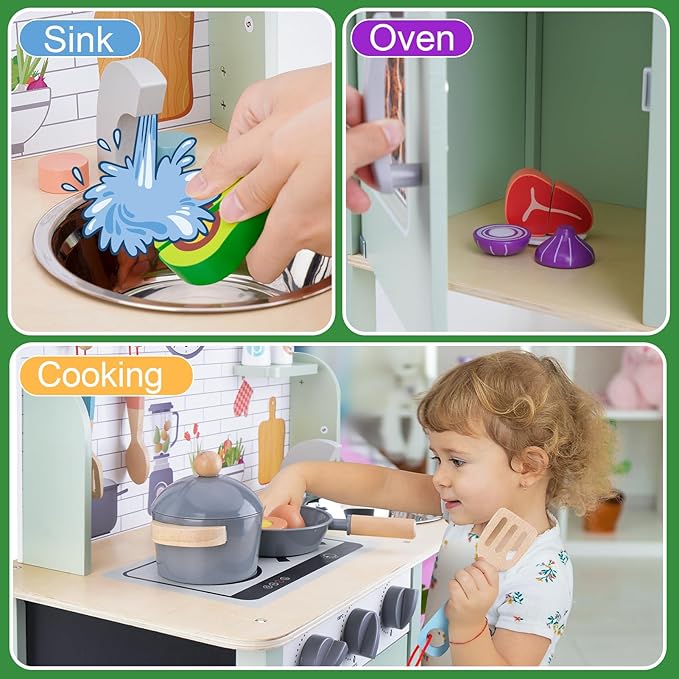 Wooden Play Kitchen for Toddlers 1-3, Kids Children Pretend Toy Kitchen Playset, Toys Kitchen with Realistic 24 Pieces Toy Accessory, Cutting Play Food Toys Gifts for Ages 3-8 Girls Boys