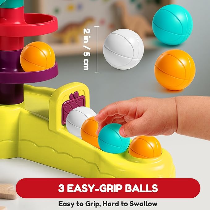 Montessori Ball Drop Toy for Toddlers 1-3, 2-in-1 Basketball Shooting Launcher with Spiral Ball Ramp Tower, Cause & Effect Preschool Learning, Birthday for Boys Girls