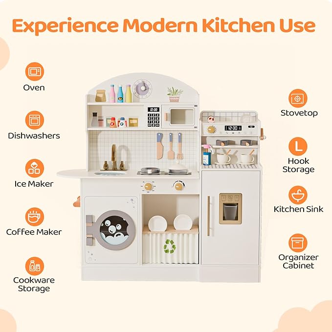 JOYMOR Wooden Play Kitchen w/Coffee Machine, Plenty of Play Pretend Kitchen Accessories, Kids Play Kitchen Design, Best Gift for Ages 3+ (Cream&Gold)