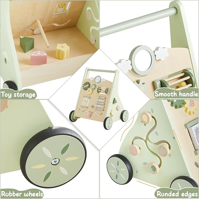Beright Wooden Baby Walker Push and Pull Learning Activity Walker Kids’ Activity Toy Multiple Activities Center Develops Motor Skills & Stimulates Creativity(Green)