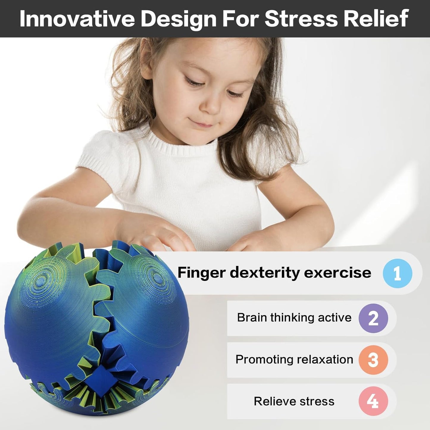 4-inch Larger 3D Printed Gear Ball - Marvellous Design Gear Sphere, Already Assembled 360° Rotatable Gearsphere, Steampunk Whirling Wonder Fidget for Stress and Anxiety Relief (Blue Gold)