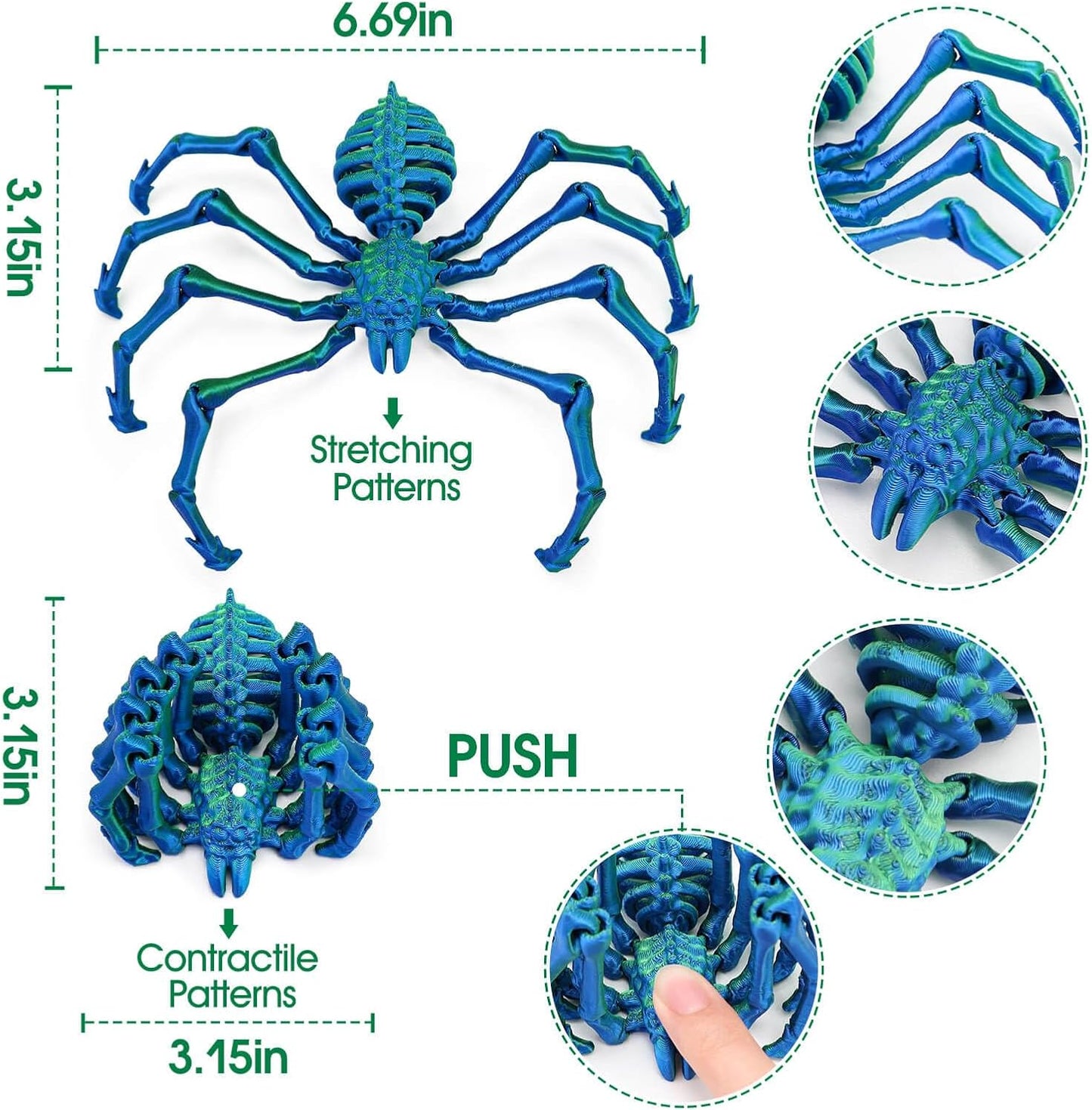 3D Printed Spider Fidget Toys, 1 Pack Articulated Fake Spider Figures Party Favors for Birthday Halloween Christmas, Stress Relief Desk Toys for Classroom Office Home (Laser-green)
