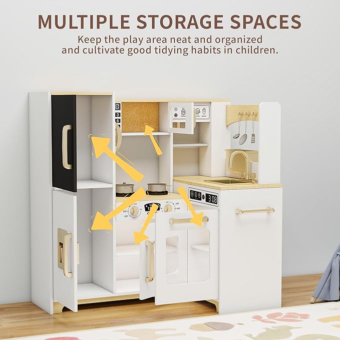 Kids Kitchen Playset with Lights & Sounds, Wooden Corner Play Kitchen with Sink,Oven, Ice Maker & Pretend Play Accessories, Educational Toy Kitchen Set for Toddlers, White