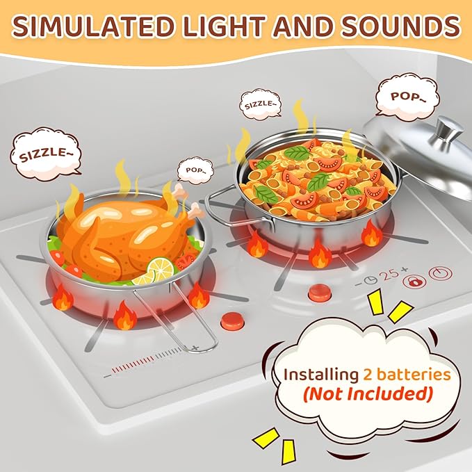 MAMIZO Kids Play Kitchen, Wooden Pretend Toy Kitchen, Large Toodler Cooking Playset, Stove and Water Dispenser w/Sound & Light, Sink, Microwave, Curtain, Modern Home Style for Ages 3+ (White)