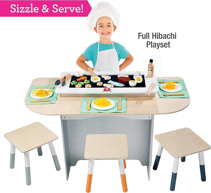Hibachi Grill Wooden Kids Playset w Stools, Table Settings, 25+ Toy Food Pieces- Noodles Tongs Meats Veggies- Everything Little Chef Needs for Pretend Play, Indoor Japanese Restaurant Stand, Xmas Gift