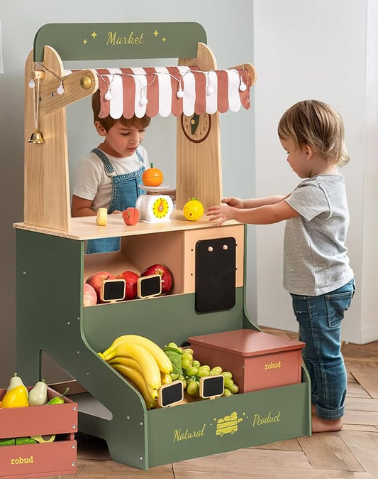 ROBUD Pretend Play Grocery Store with Lights, Supermarket Playset for Kids, Interactive Wooden Play Market Stand, Gift for 3+ Kids Boys Girls (Vintage Green)