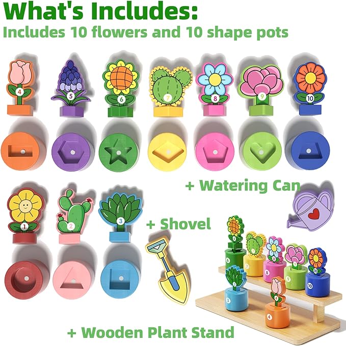 GJZZ Wooden Pretend Play Flower Garden Set with Stand - Montessori Shape and Color Sorting Toys for 2 3 Year Old Girls Boys Birthday Gifts, Number Cognition for Toddler Kids, Fine Motor Skills