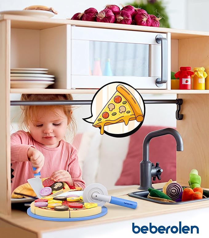 Wooden Pizza Play Food Set - 24 Pcs Cutting Toys, Pretend Play Kitchen Accessories for 3-5 Year Old Toddlers Boys & Girls