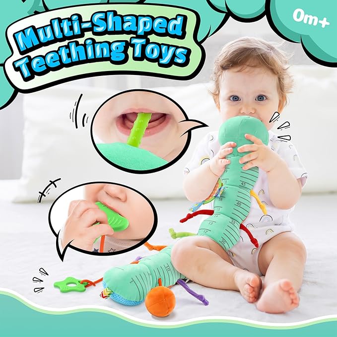 LIGHTDESIRE Baby Toys 6-12 Months Musical Caterpillar,Infant Toys 0-6 Months Sensory Toy with Ruler Design,Mirror,Pull String,Crinkle&Rattles,Baby Teething Toy for Tummy Time Boy Girl Gifts (Ice Blue)